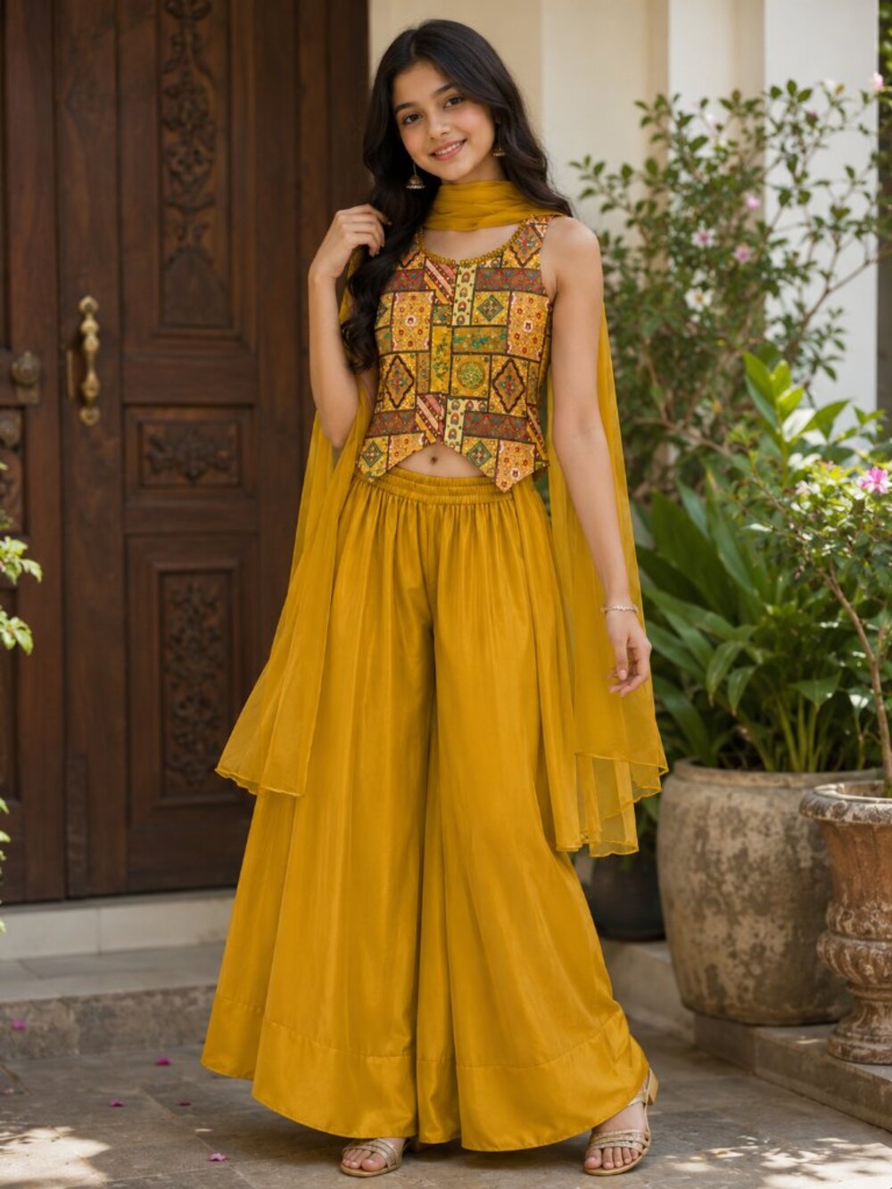 Mustard Yellow Patchwork Palazzo Set with Dupatta